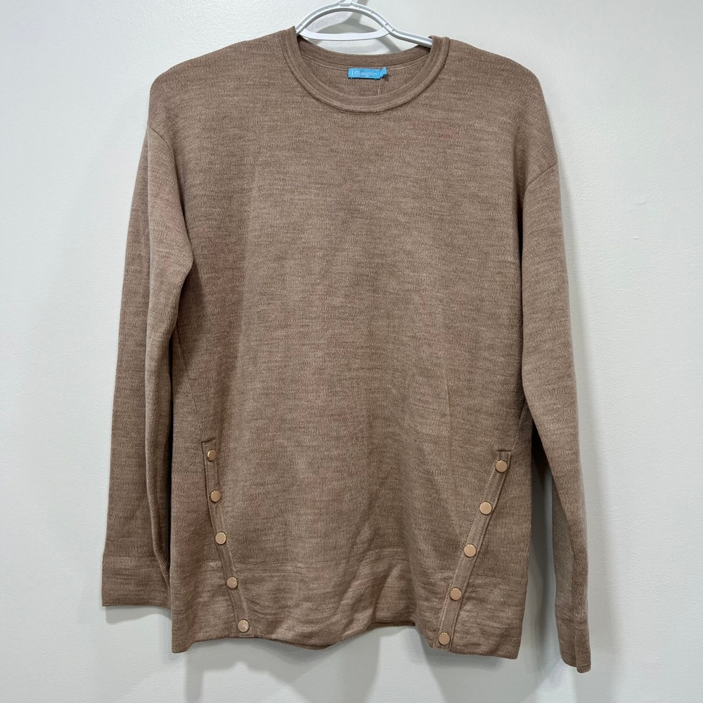 J Mclaughlin Lucie Sweater XS NWT $258 Merino Wool Crewnweck Button Tan Solid‎